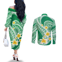 Plumeria Polynesian Green Glitter Pattern Couples Matching Off The Shoulder Long Sleeve Dress and Long Sleeve Button Shirt LT01 - Polynesian Pride