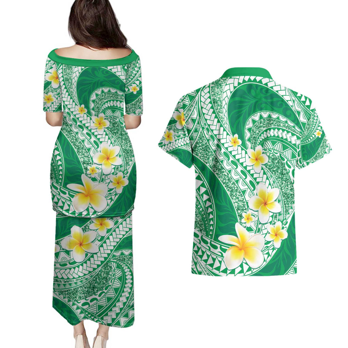 Plumeria Polynesian Green Glitter Pattern Couples Matching Puletasi and Hawaiian Shirt