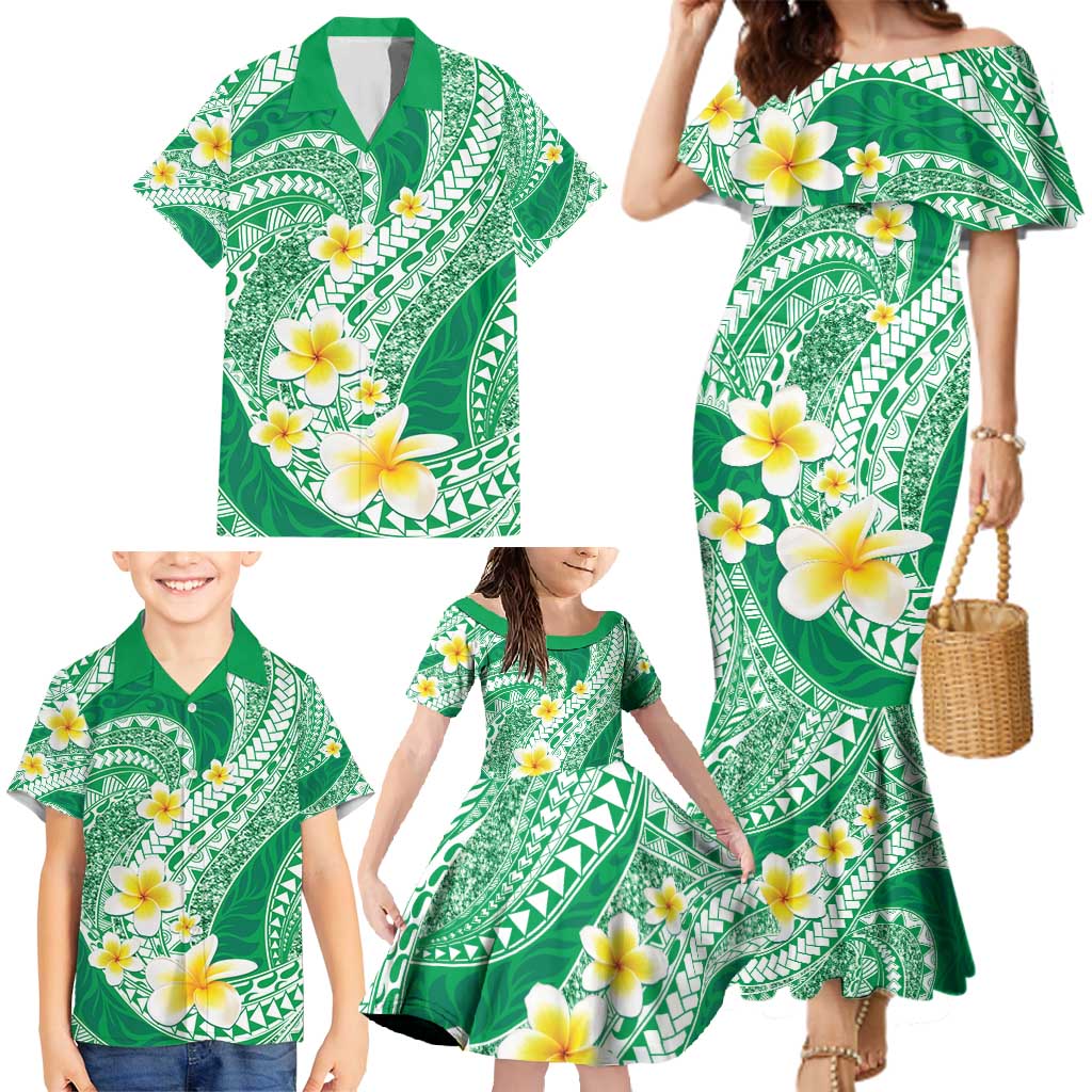 Plumeria Polynesian Green Glitter Pattern Family Matching Mermaid Dress and Hawaiian Shirt