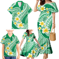 Plumeria Polynesian Green Glitter Pattern Family Matching Mermaid Dress and Hawaiian Shirt