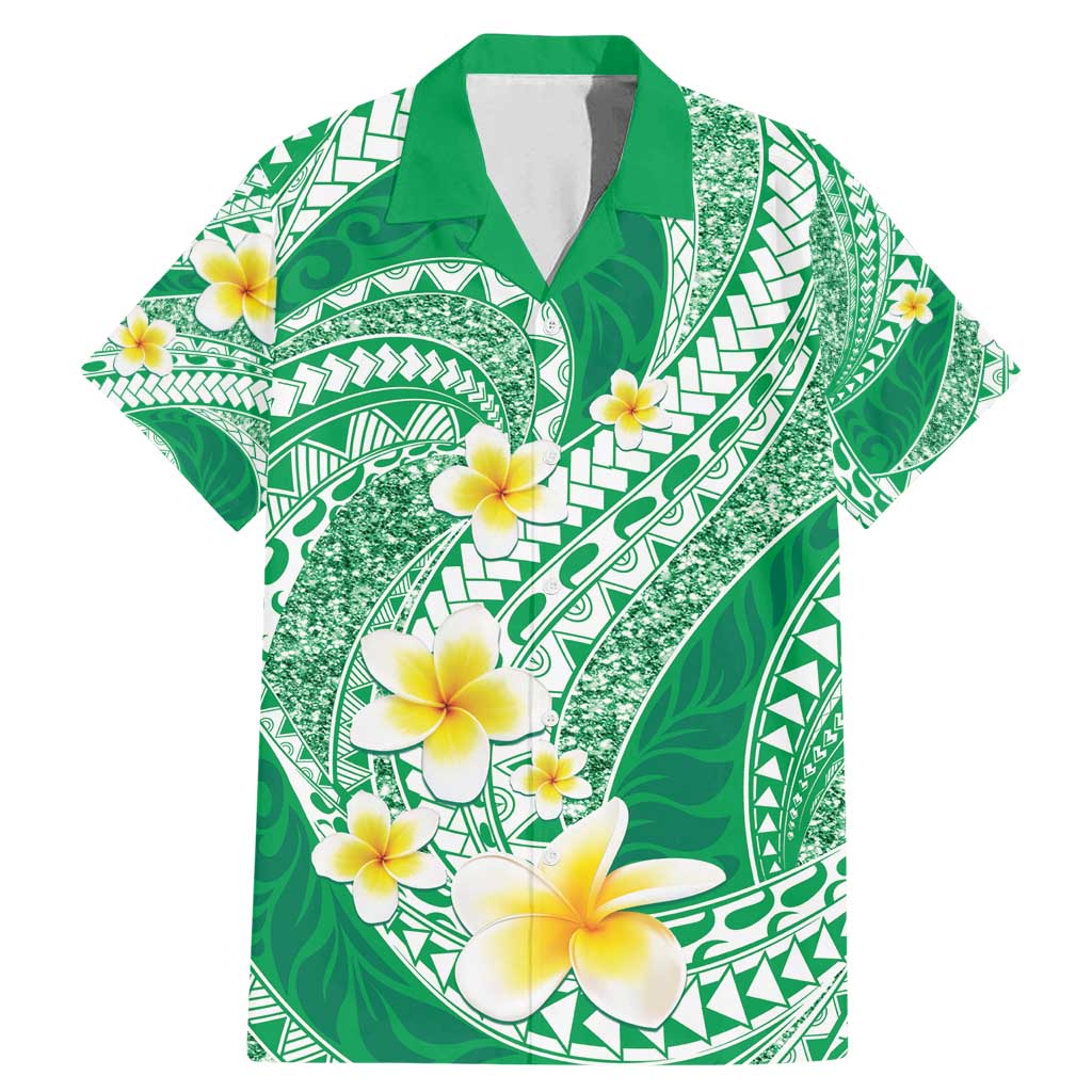 Plumeria Polynesian Green Glitter Pattern Family Matching Mermaid Dress and Hawaiian Shirt
