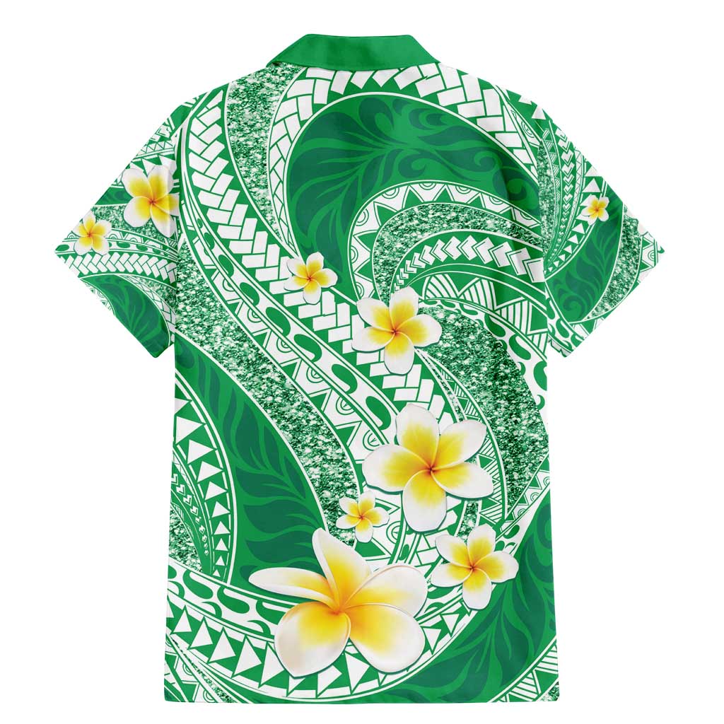 Plumeria Polynesian Green Glitter Pattern Family Matching Mermaid Dress and Hawaiian Shirt