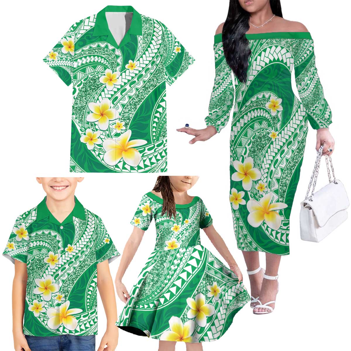 Plumeria Polynesian Green Glitter Pattern Family Matching Off The Shoulder Long Sleeve Dress and Hawaiian Shirt