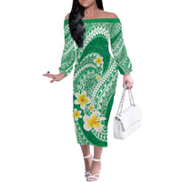 Plumeria Polynesian Green Glitter Pattern Family Matching Off The Shoulder Long Sleeve Dress and Hawaiian Shirt