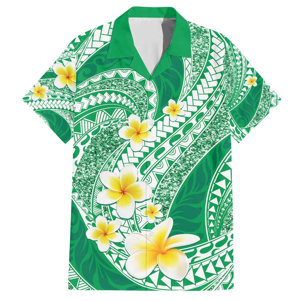 Plumeria Polynesian Green Glitter Pattern Family Matching Off Shoulder Maxi Dress and Hawaiian Shirt