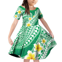Plumeria Polynesian Green Glitter Pattern Family Matching Off Shoulder Short Dress and Hawaiian Shirt