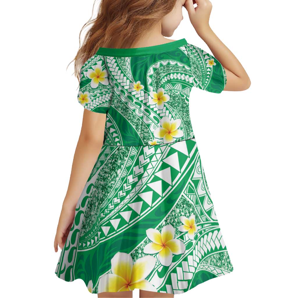 Plumeria Polynesian Green Glitter Pattern Family Matching Puletasi and Hawaiian Shirt