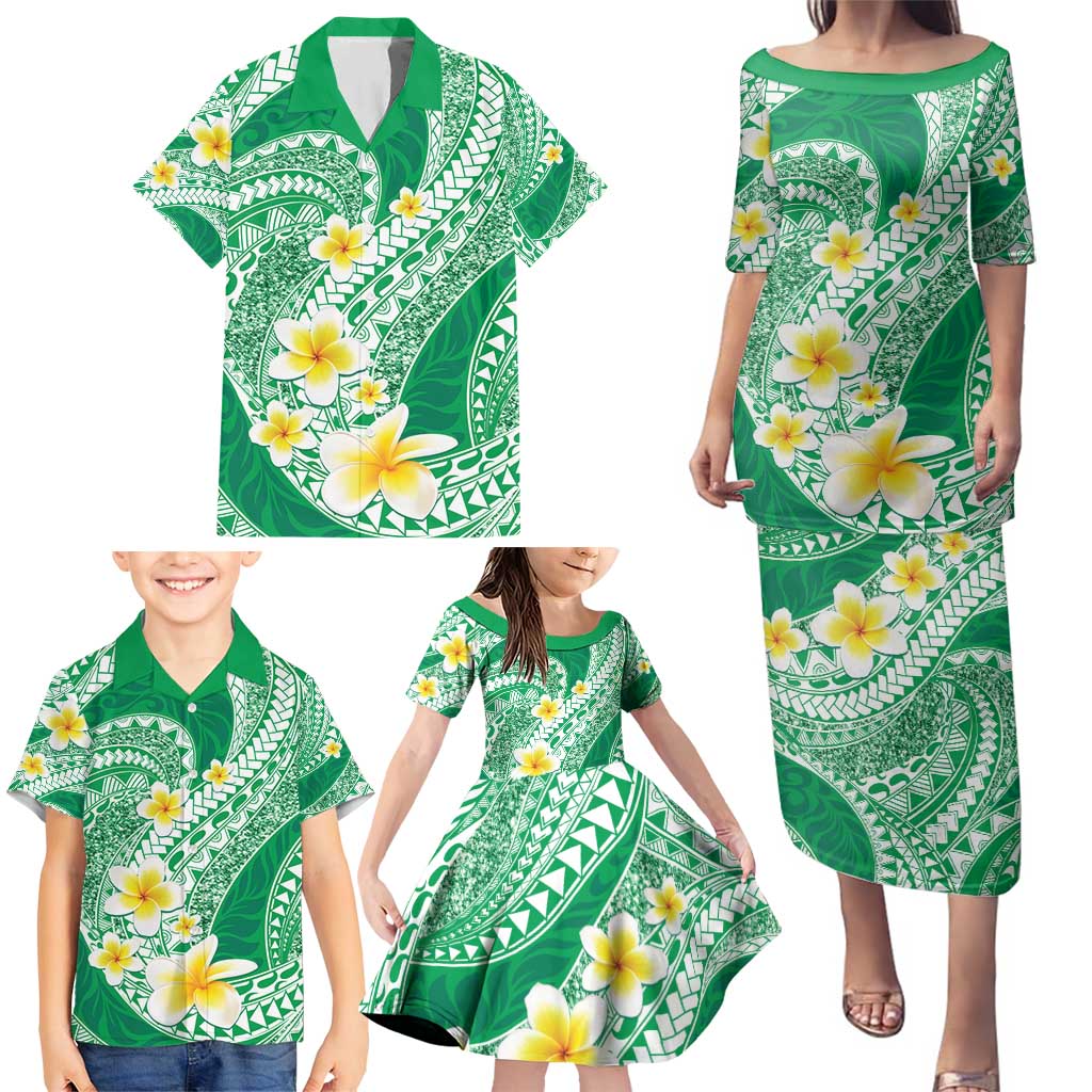 Plumeria Polynesian Green Glitter Pattern Family Matching Puletasi and Hawaiian Shirt