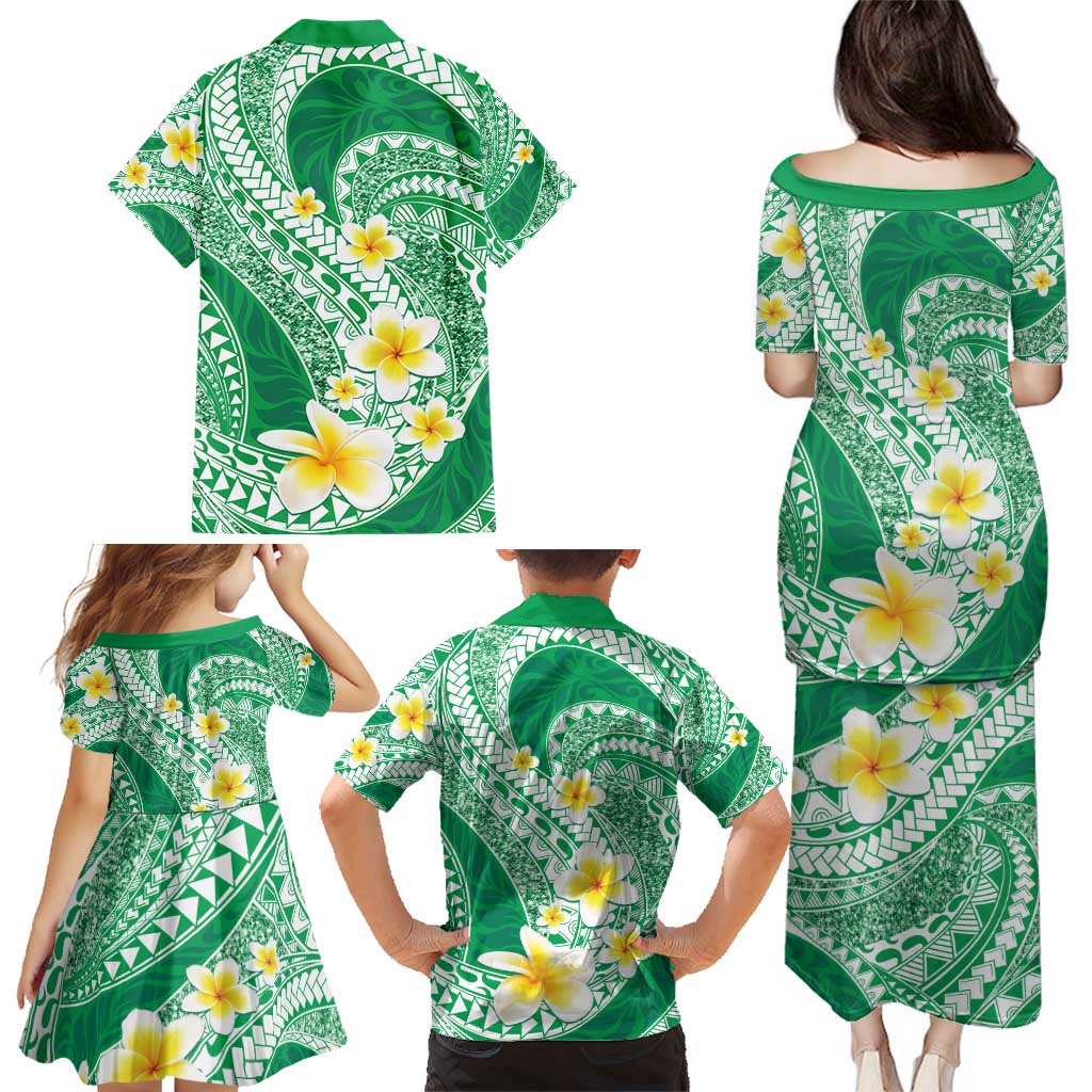 Plumeria Polynesian Green Glitter Pattern Family Matching Puletasi and Hawaiian Shirt