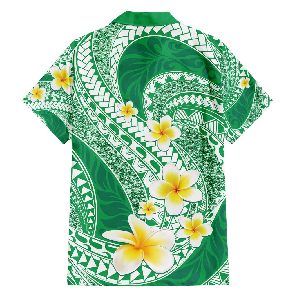 Plumeria Polynesian Green Glitter Pattern Family Matching Puletasi and Hawaiian Shirt
