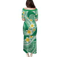 Plumeria Polynesian Green Glitter Pattern Family Matching Puletasi and Hawaiian Shirt