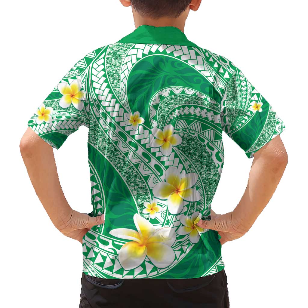 Plumeria Polynesian Green Glitter Pattern Family Matching Short Sleeve Bodycon Dress and Hawaiian Shirt