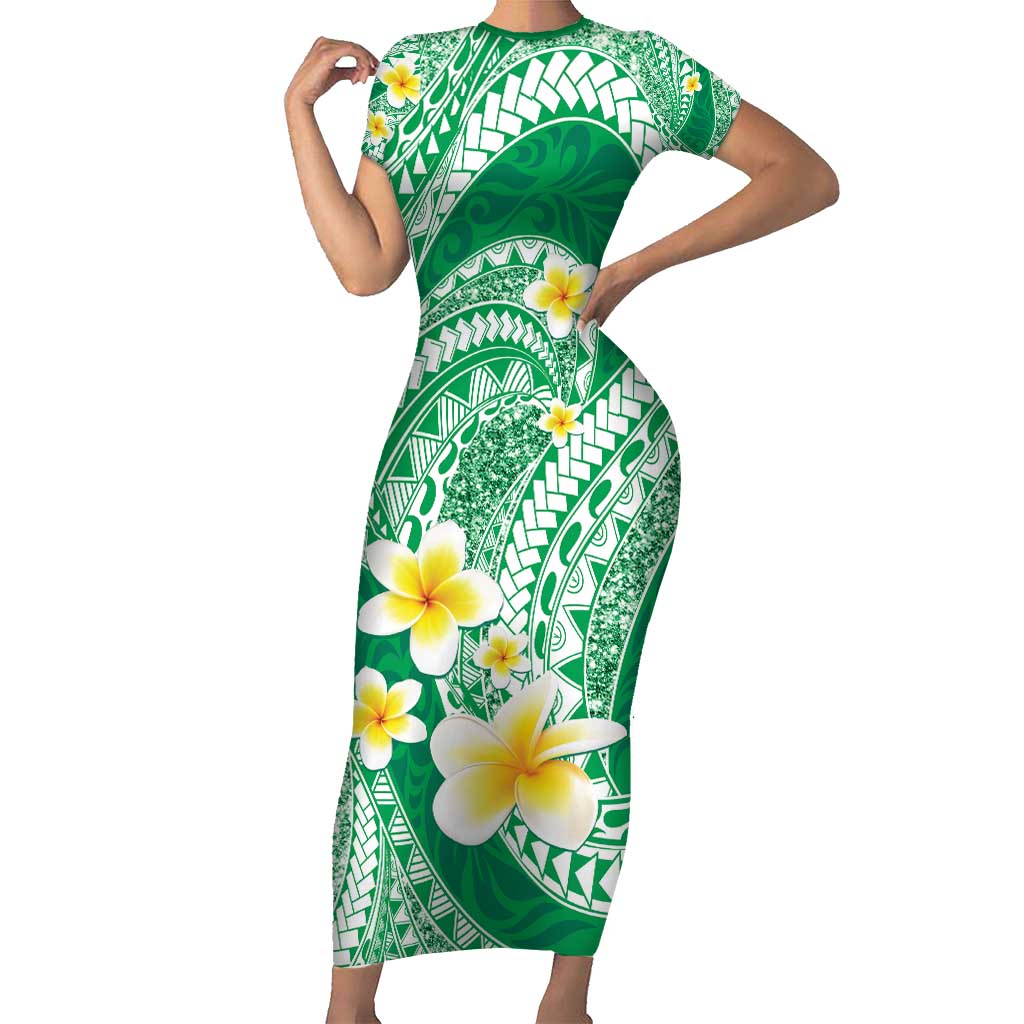Plumeria Polynesian Green Glitter Pattern Family Matching Short Sleeve Bodycon Dress and Hawaiian Shirt