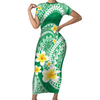 Plumeria Polynesian Green Glitter Pattern Family Matching Short Sleeve Bodycon Dress and Hawaiian Shirt