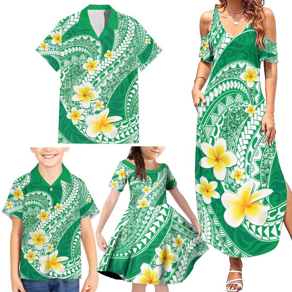 Plumeria Polynesian Green Glitter Pattern Family Matching Summer Maxi Dress and Hawaiian Shirt