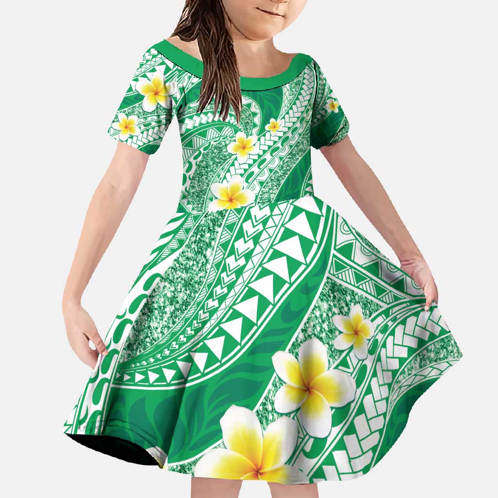Plumeria Polynesian Green Glitter Pattern Family Matching Tank Maxi Dress and Hawaiian Shirt LT01 Daughter's Dress Green - Polynesian Pride