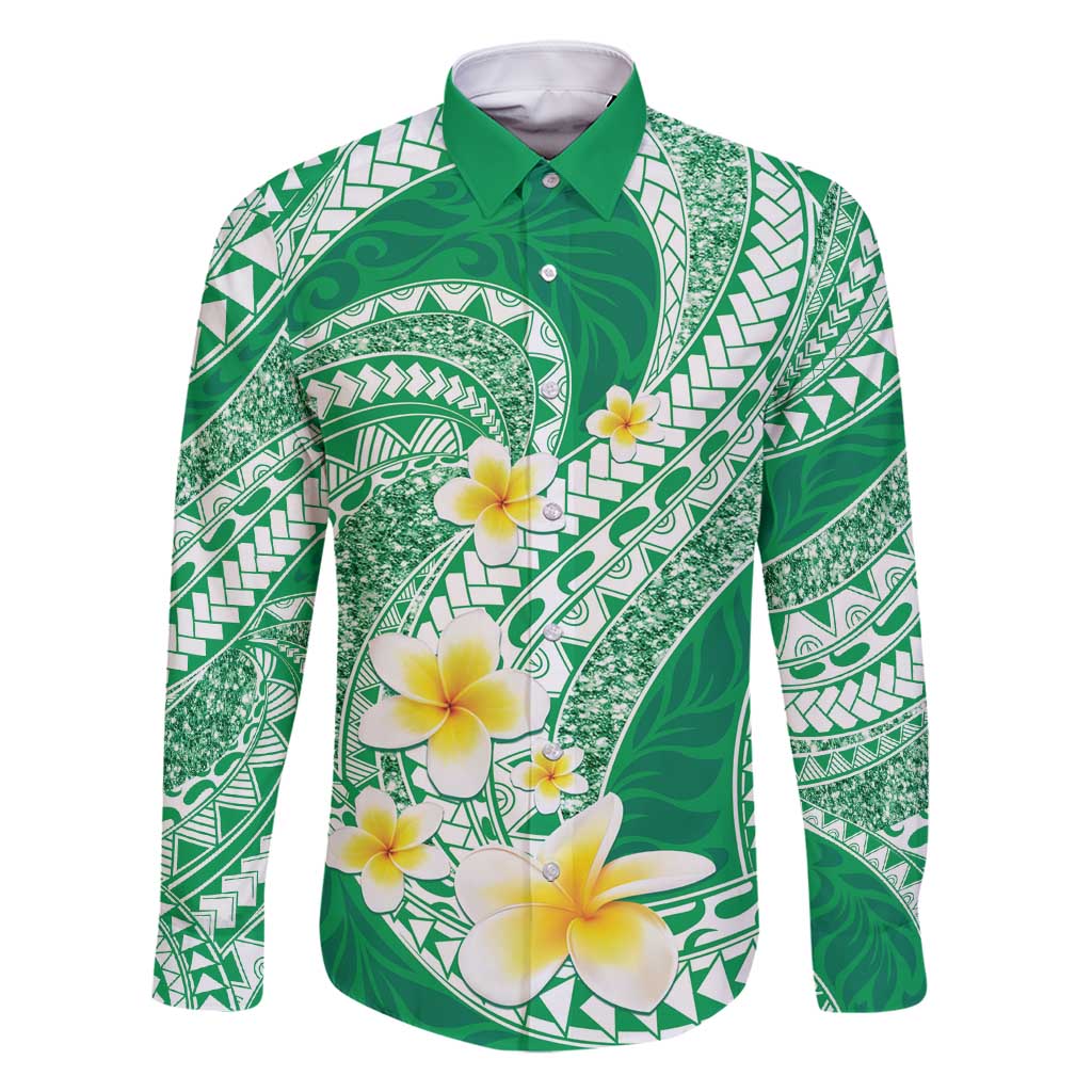 Plumeria Polynesian Green Glitter Pattern Family Matching Tank Maxi Dress and Hawaiian Shirt LT01 Dad's Shirt - Long Sleeve Green - Polynesian Pride