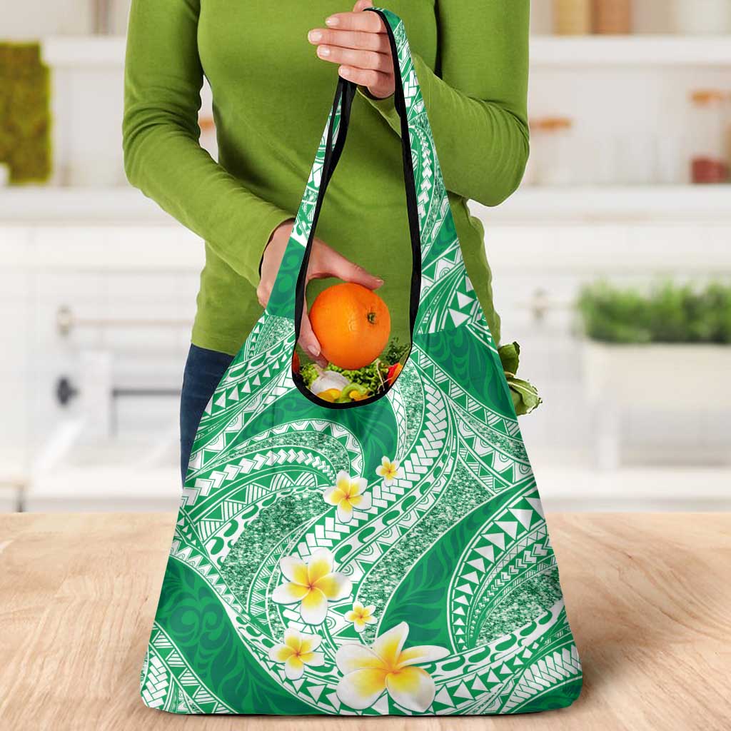 Plumeria Polynesian Green Glitter Pattern Grocery Bag