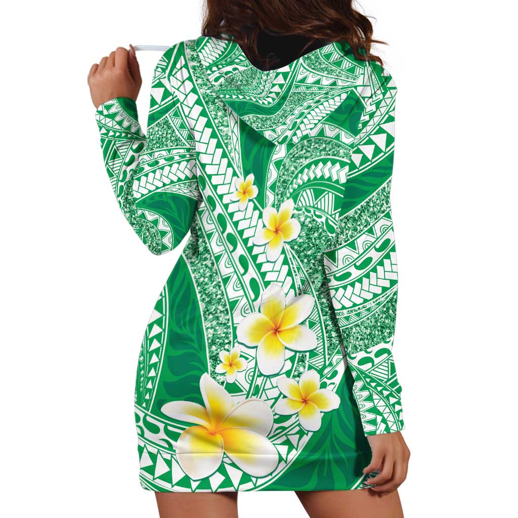 Plumeria Polynesian Green Glitter Pattern Hoodie Dress LT01 - Polynesian Pride