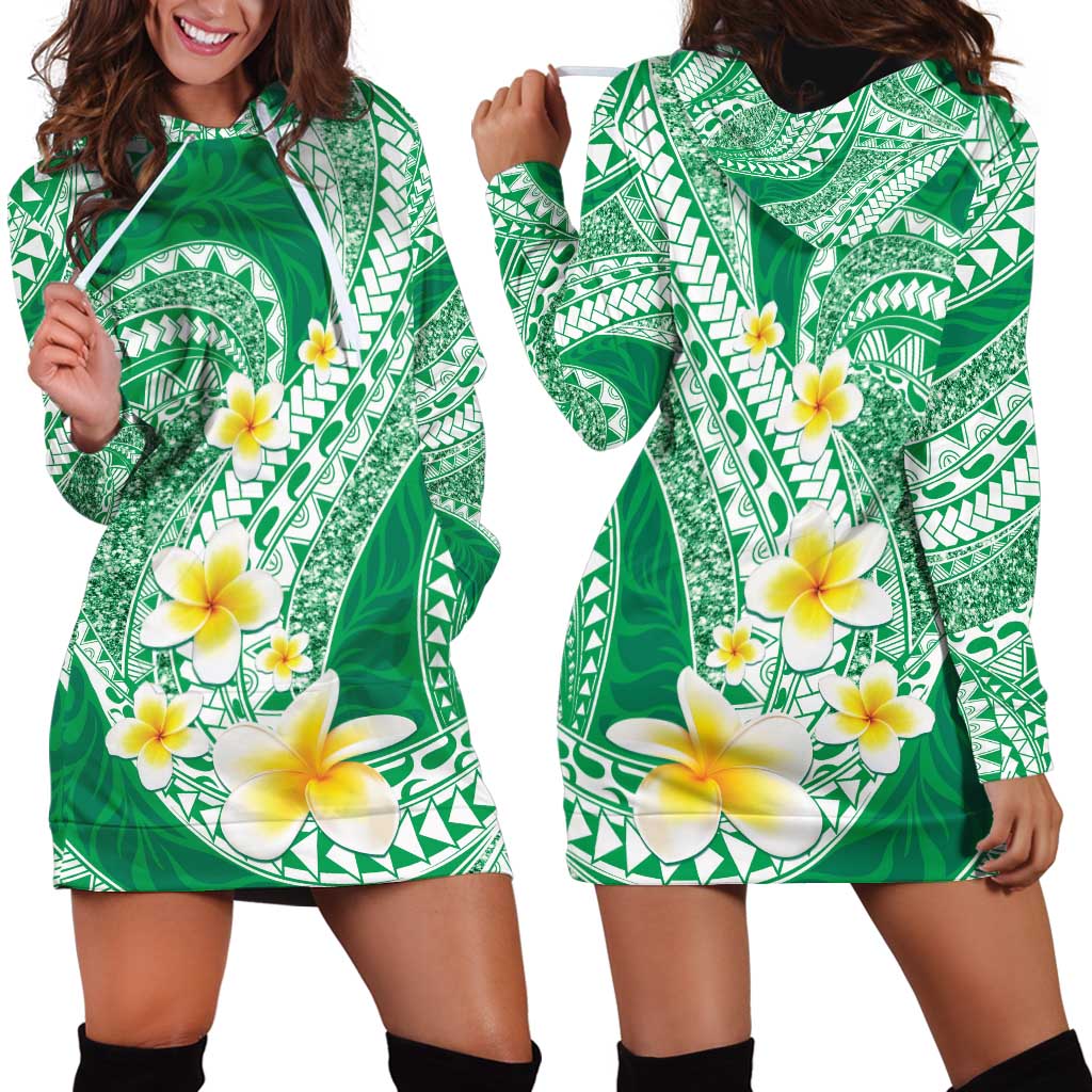 Plumeria Polynesian Green Glitter Pattern Hoodie Dress LT01 - Polynesian Pride