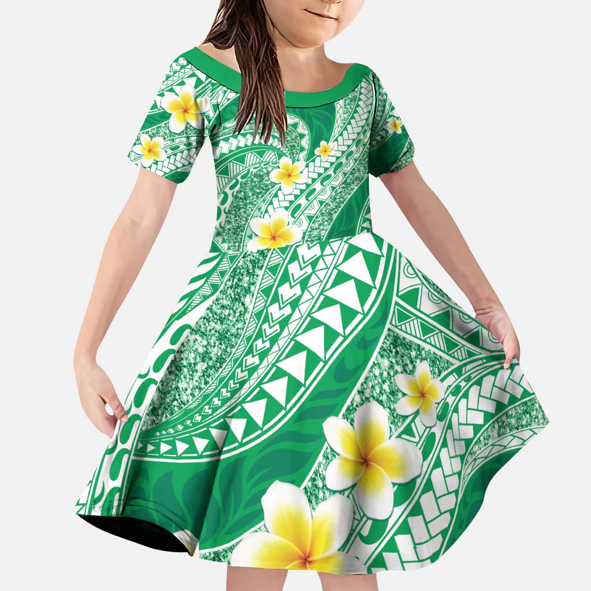 Plumeria Polynesian Green Glitter Pattern Kid Short Sleeve Dress LT01 KID Green - Polynesian Pride