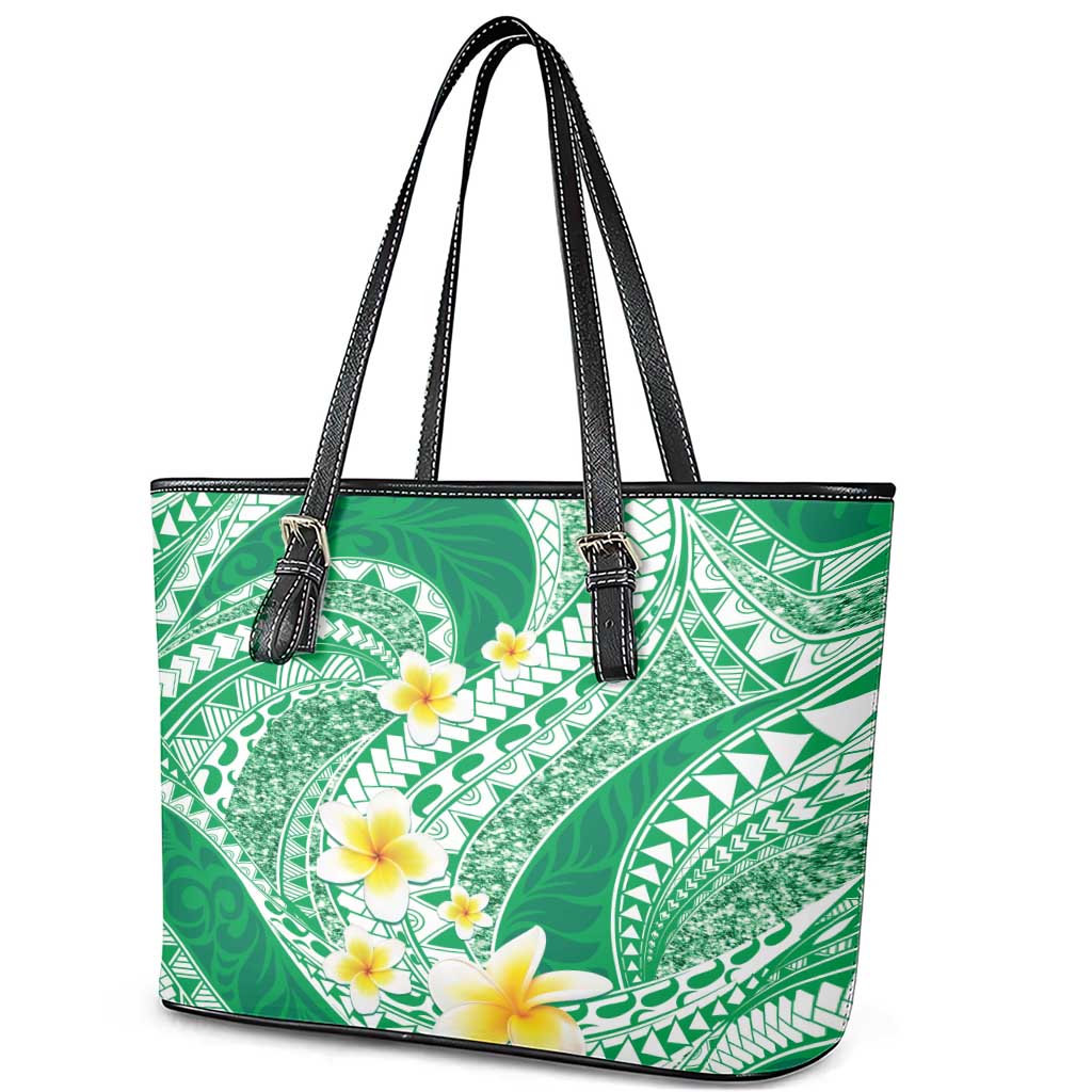 Plumeria Polynesian Green Glitter Pattern Leather Tote Bag