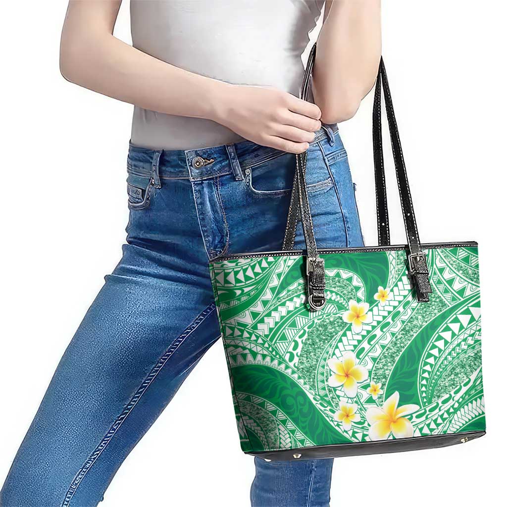 Plumeria Polynesian Green Glitter Pattern Leather Tote Bag