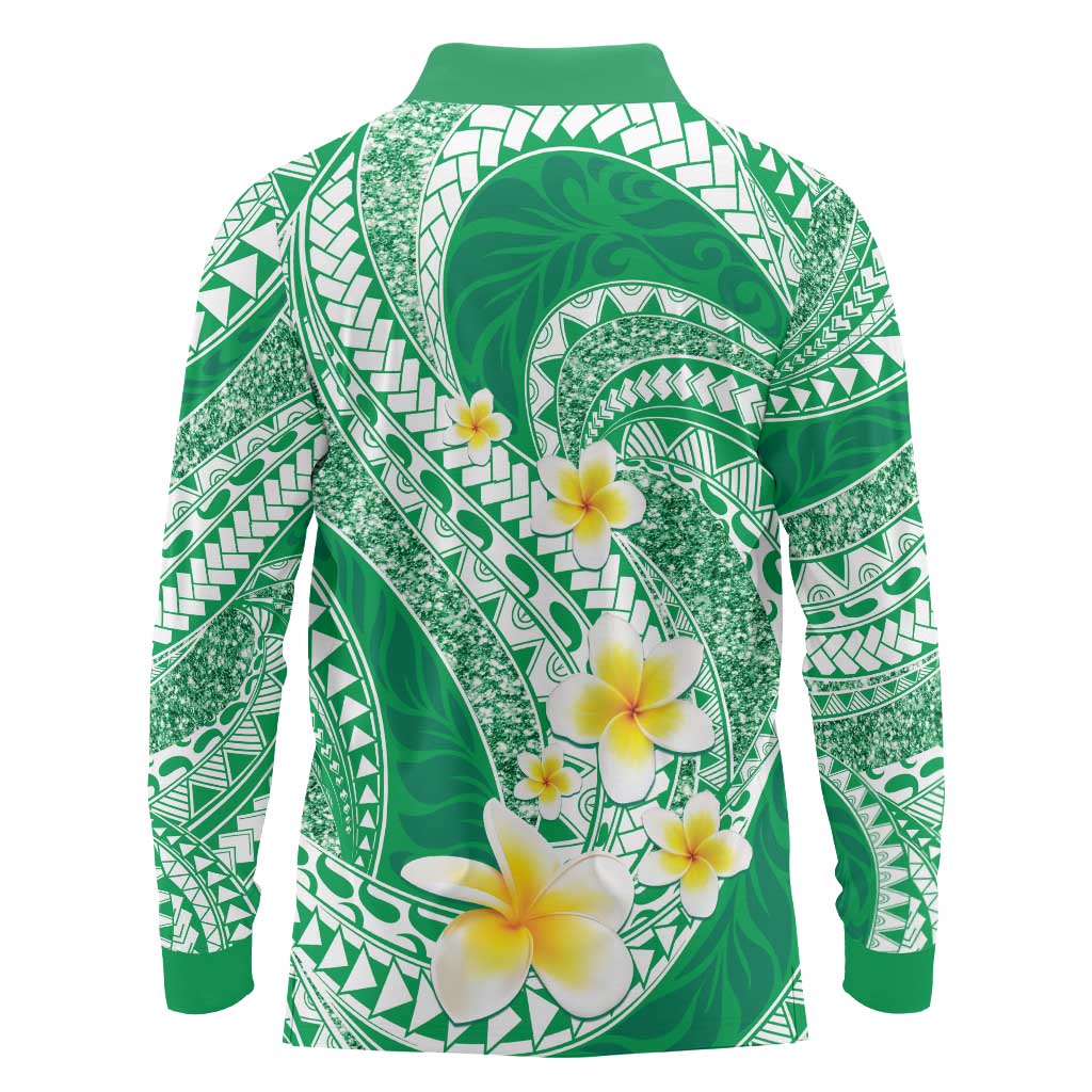 Plumeria Polynesian Green Glitter Pattern Long Sleeve Polo Shirt