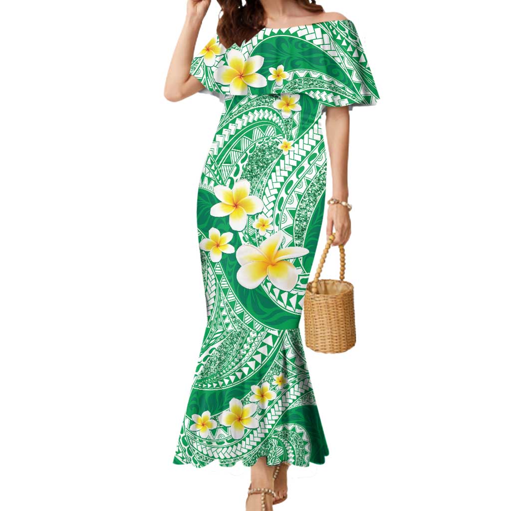 Plumeria Polynesian Green Glitter Pattern Mermaid Dress