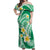 Plumeria Polynesian Green Glitter Pattern Off Shoulder Maxi Dress