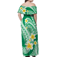 Plumeria Polynesian Green Glitter Pattern Off Shoulder Maxi Dress