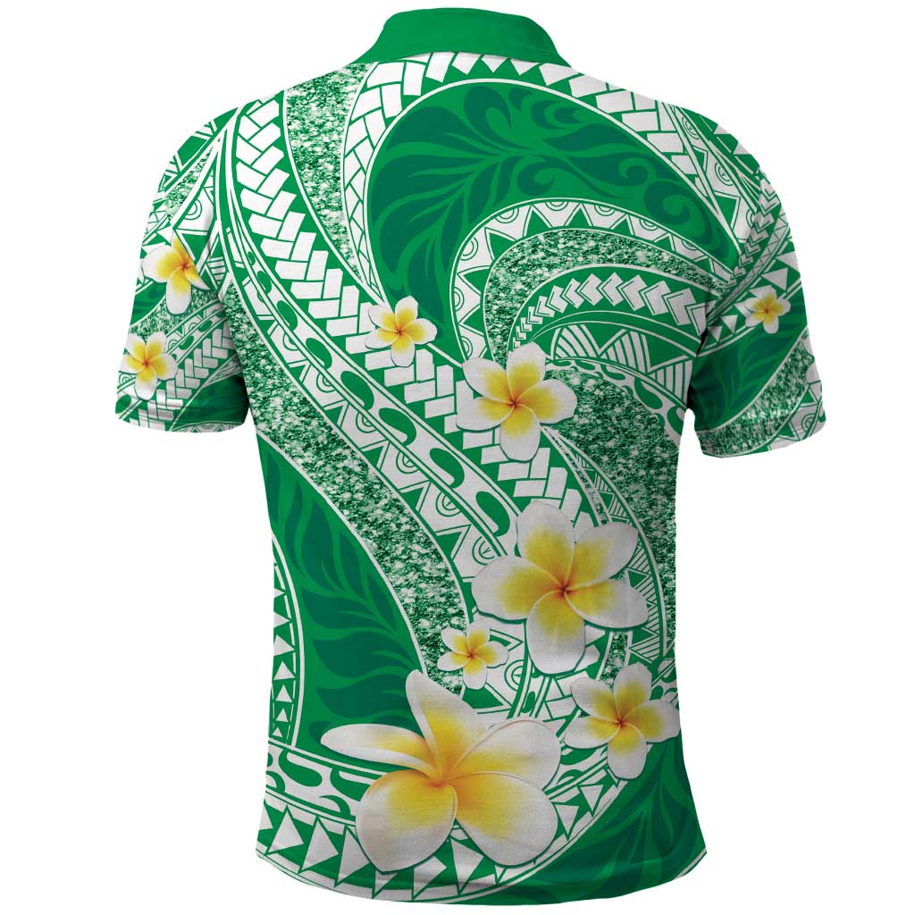 Plumeria Polynesian Green Glitter Pattern Polo Shirt