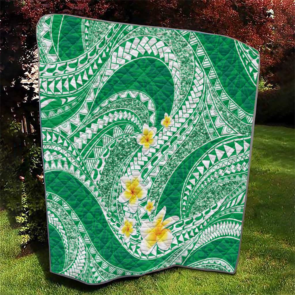 Plumeria Polynesian Green Glitter Pattern Quilt LT01 - Polynesian Pride