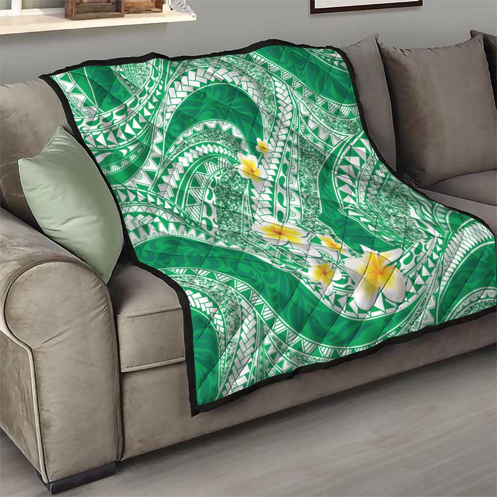 Plumeria Polynesian Green Glitter Pattern Quilt LT01 - Polynesian Pride