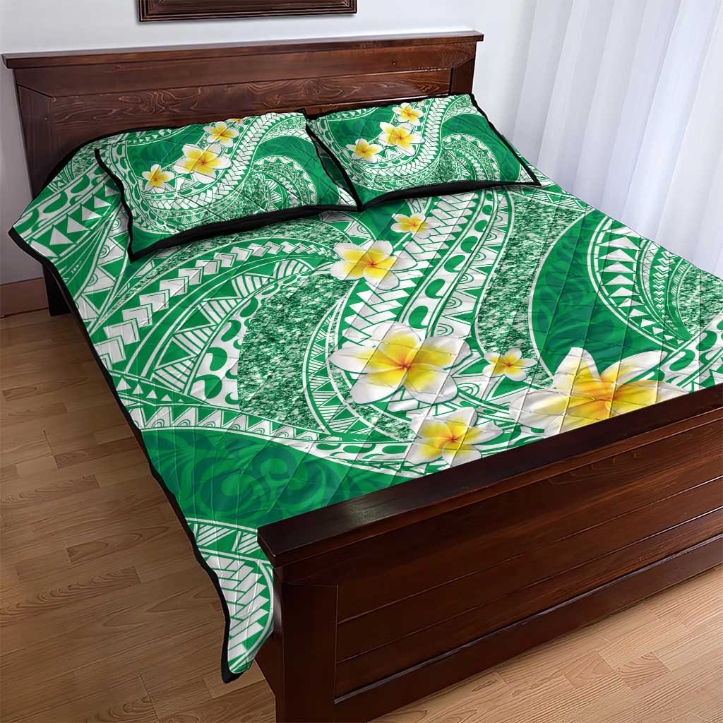 Plumeria Polynesian Green Glitter Pattern Quilt Bed Set