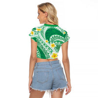 Plumeria Polynesian Green Glitter Pattern Raglan Cropped T Shirt