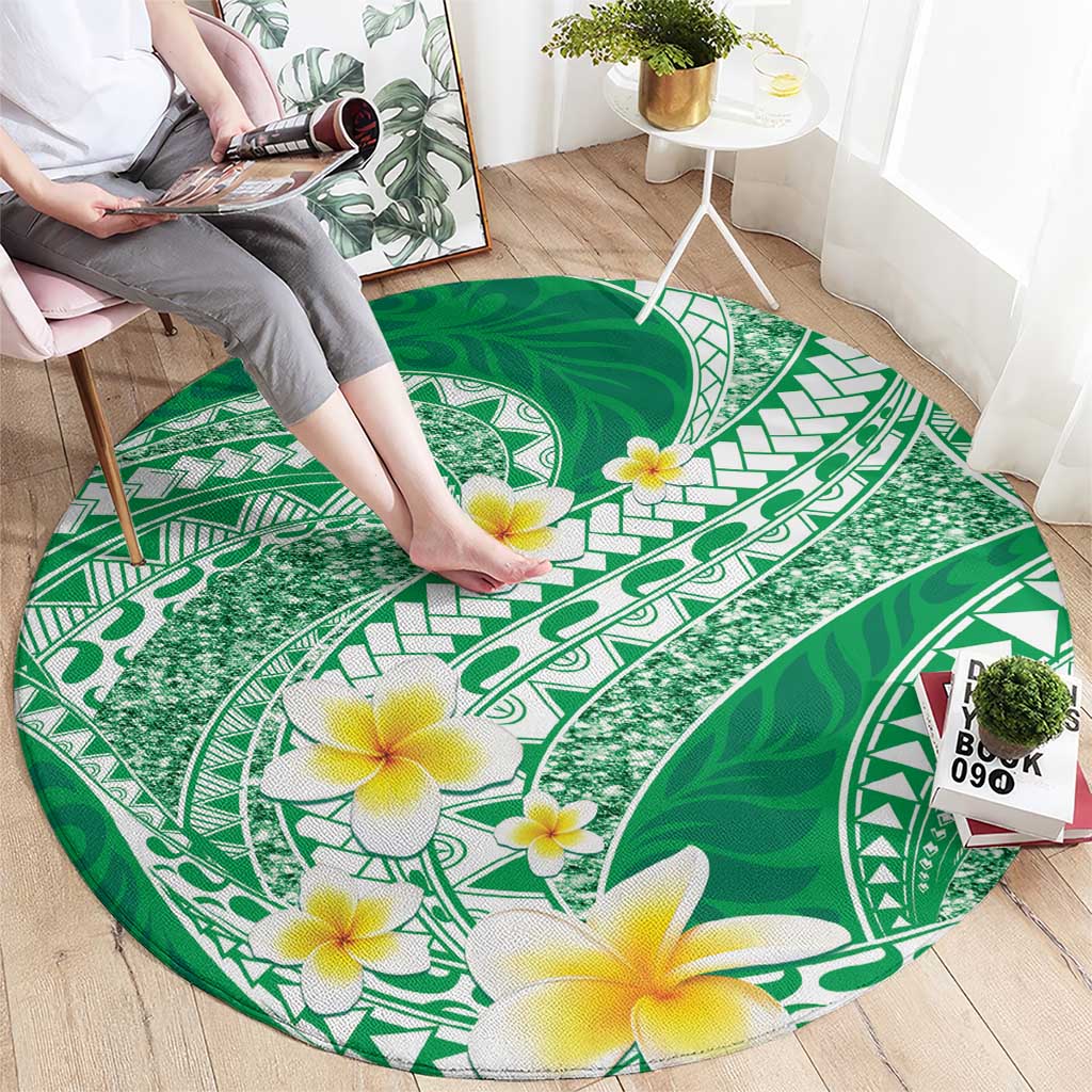 Plumeria Polynesian Green Glitter Pattern Round Carpet LT01 - Polynesian Pride