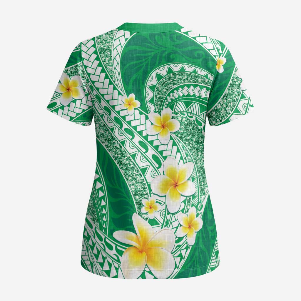 Plumeria Polynesian Green Glitter Pattern Scrub Top - Polynesian Pride