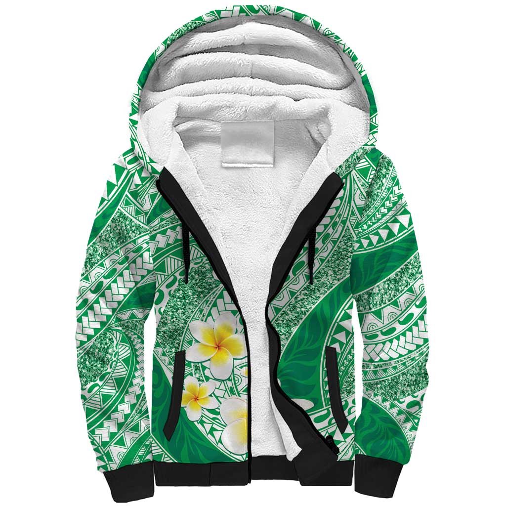 Plumeria Polynesian Green Glitter Pattern Sherpa Hoodie