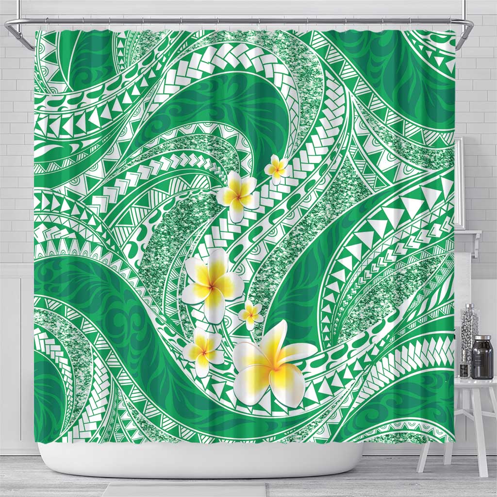 Plumeria Polynesian Green Glitter Pattern Shower Curtain
