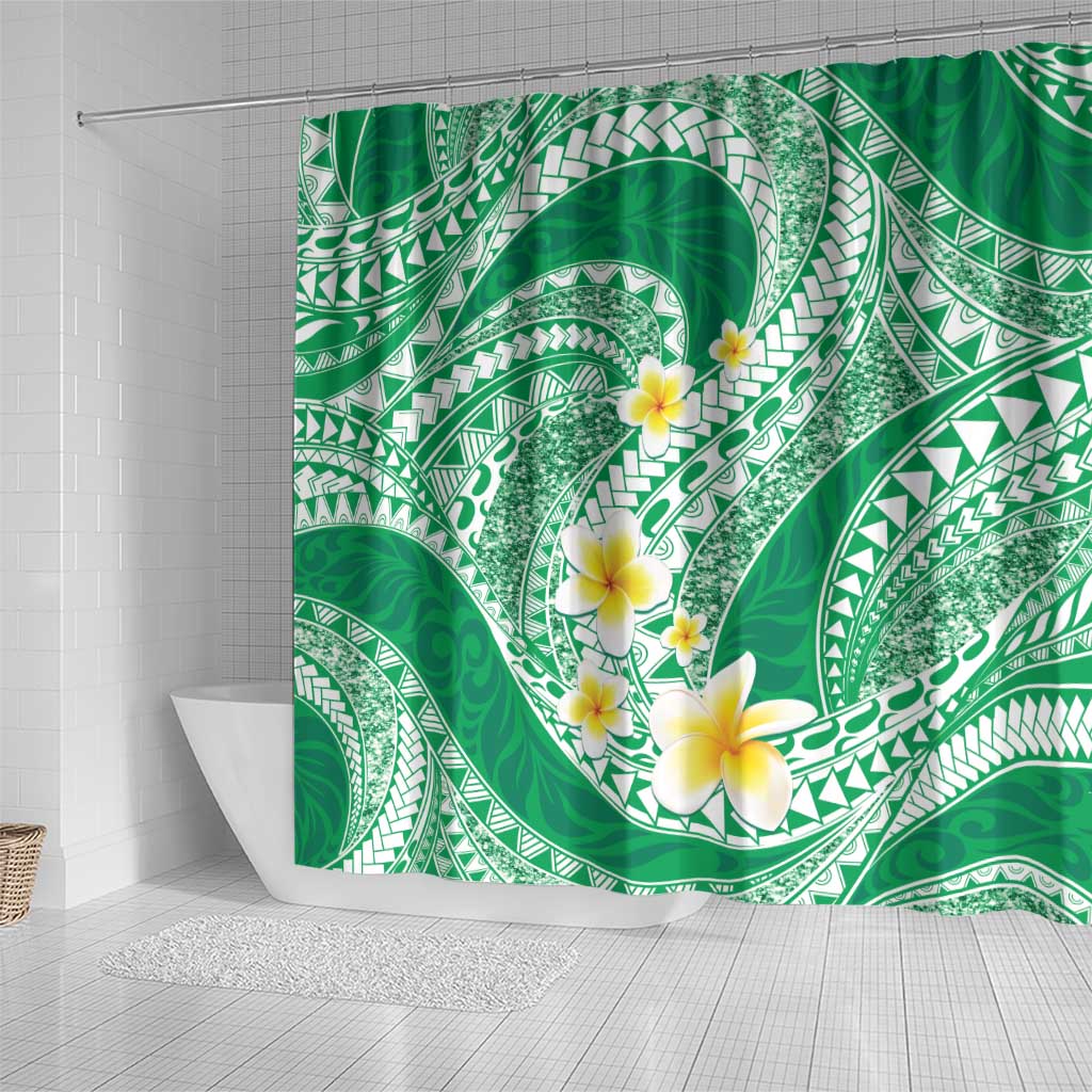 Plumeria Polynesian Green Glitter Pattern Shower Curtain