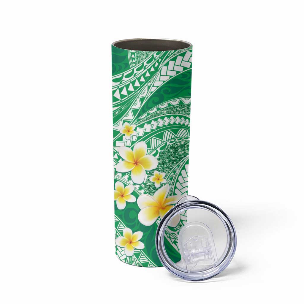 Plumeria Polynesian Green Glitter Pattern Skinny Tumbler