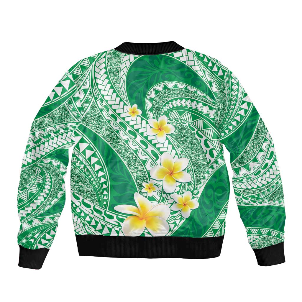 Plumeria Polynesian Green Glitter Pattern Sleeve Zip Bomber Jacket