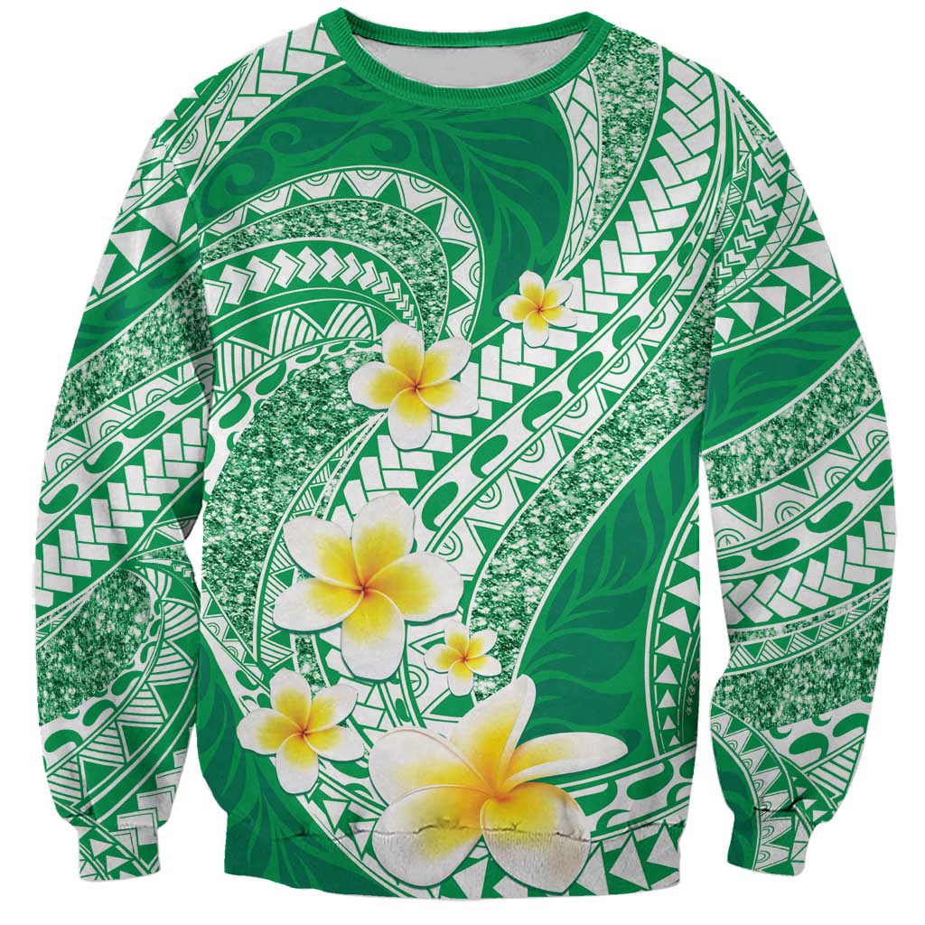 Plumeria Polynesian Green Glitter Pattern Sweatshirt