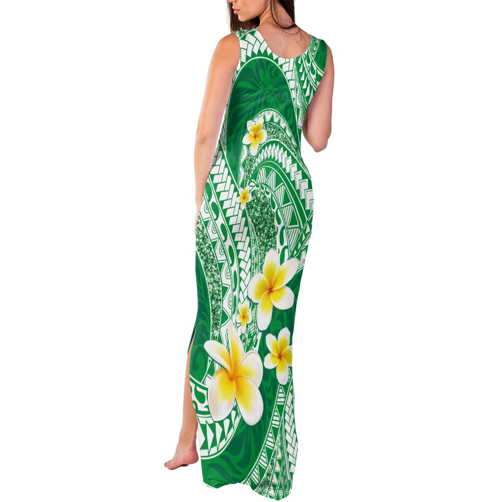 Plumeria Polynesian Green Glitter Pattern Tank Maxi Dress