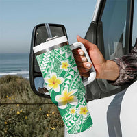 Plumeria Polynesian Green Glitter Pattern Tumbler With Handle