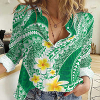 Plumeria Polynesian Green Glitter Pattern Women Casual Shirt