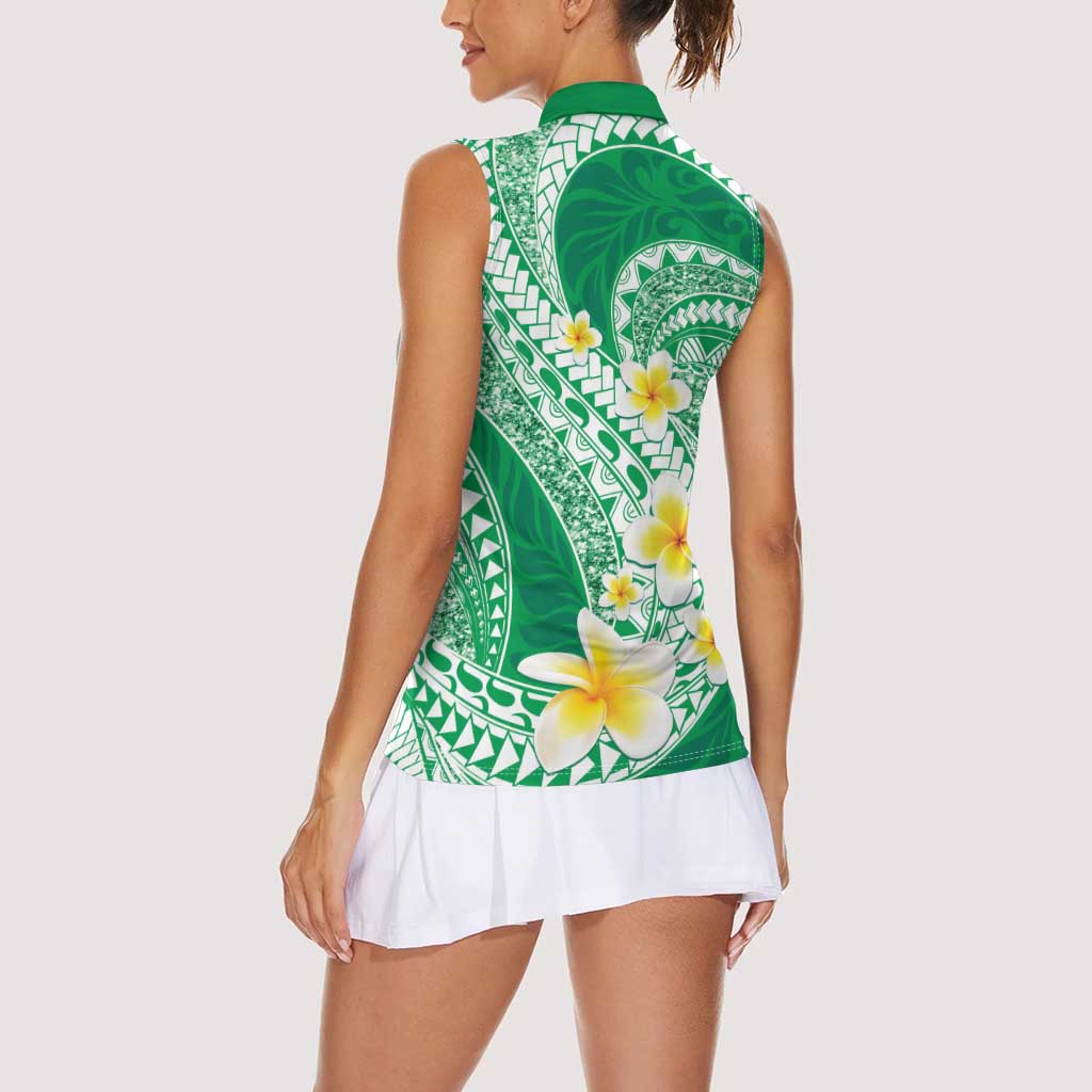 Plumeria Polynesian Green Glitter Pattern Women Sleeveless Polo Shirt