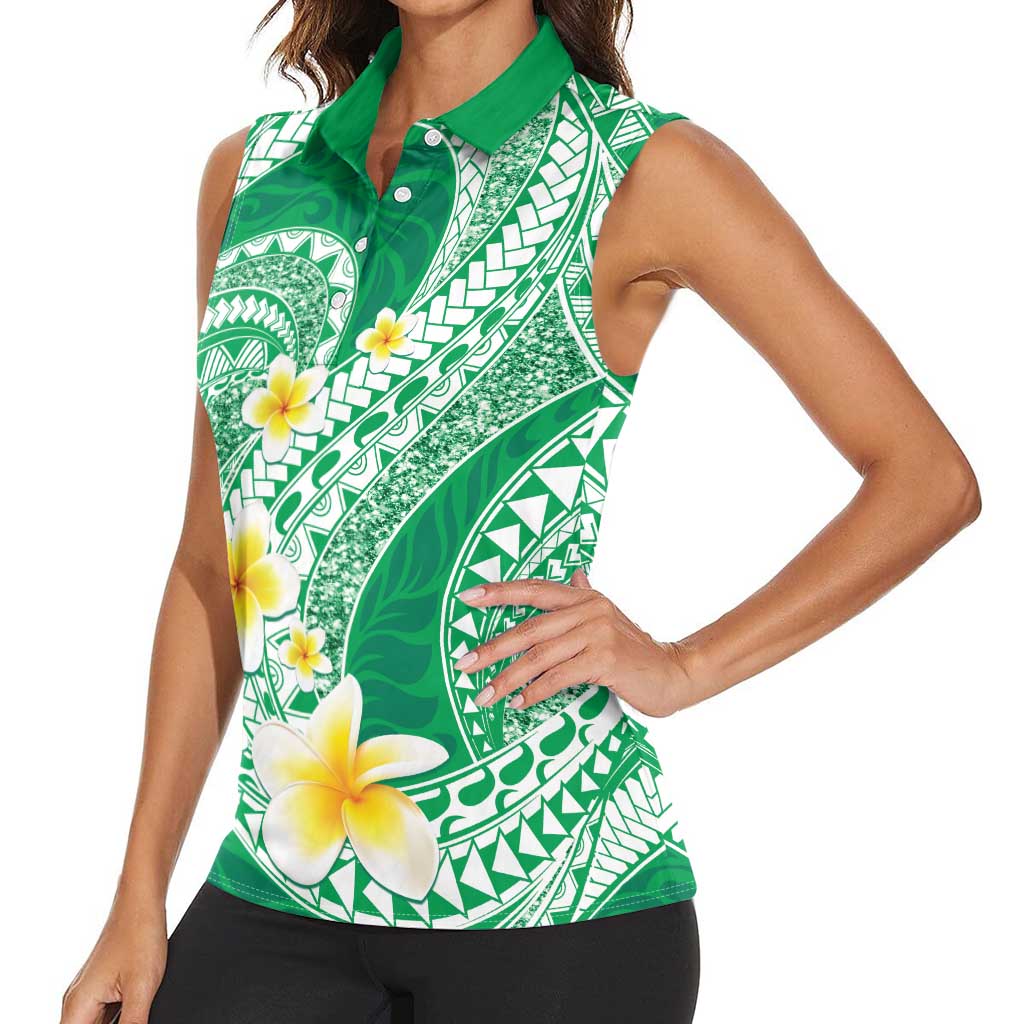 Plumeria Polynesian Green Glitter Pattern Women Sleeveless Polo Shirt