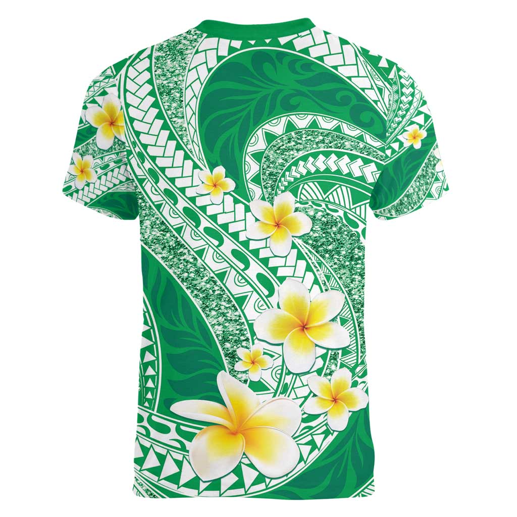 Plumeria Polynesian Green Glitter Pattern Women V-Neck T-Shirt